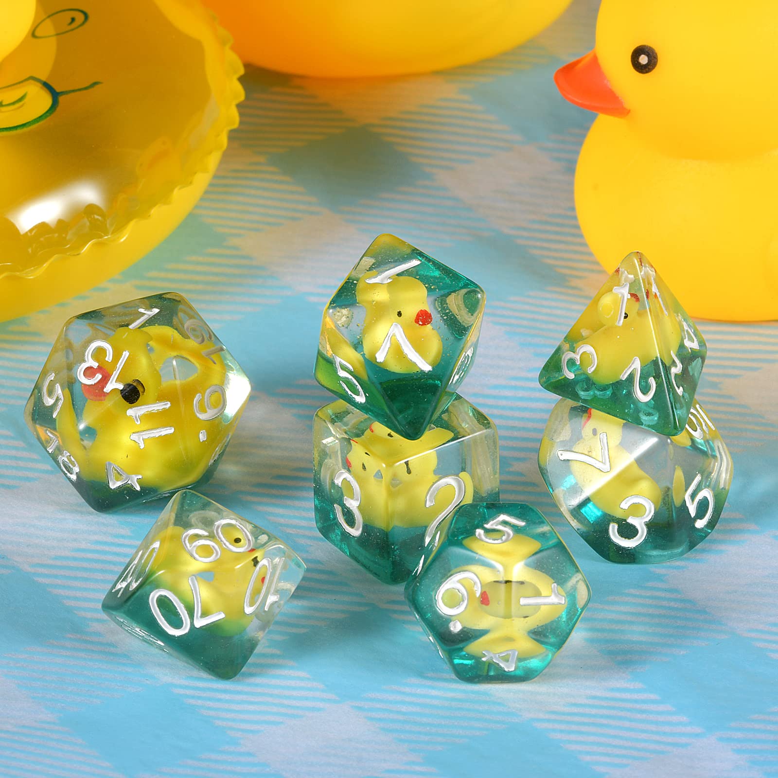 Duck Dice Polyhedral & RPG Set Inside Roll Play Gaming D20 Dungeons and Dragon 7 pezzi