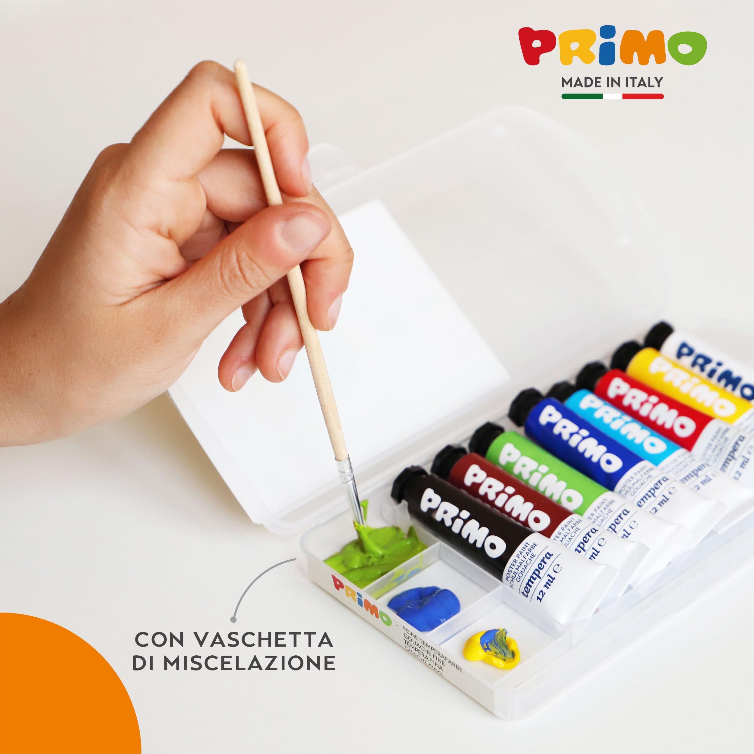 PRIMO - Tempere per Bambini +3 Anni, 8 Tubi da 12 ml, Colori Diluibili con Acqua, Colori a Tempera Fine Densi e Coprenti per Tessuti, Carta, Vetro, Lavoretti Creativi per Bambini e Hobby