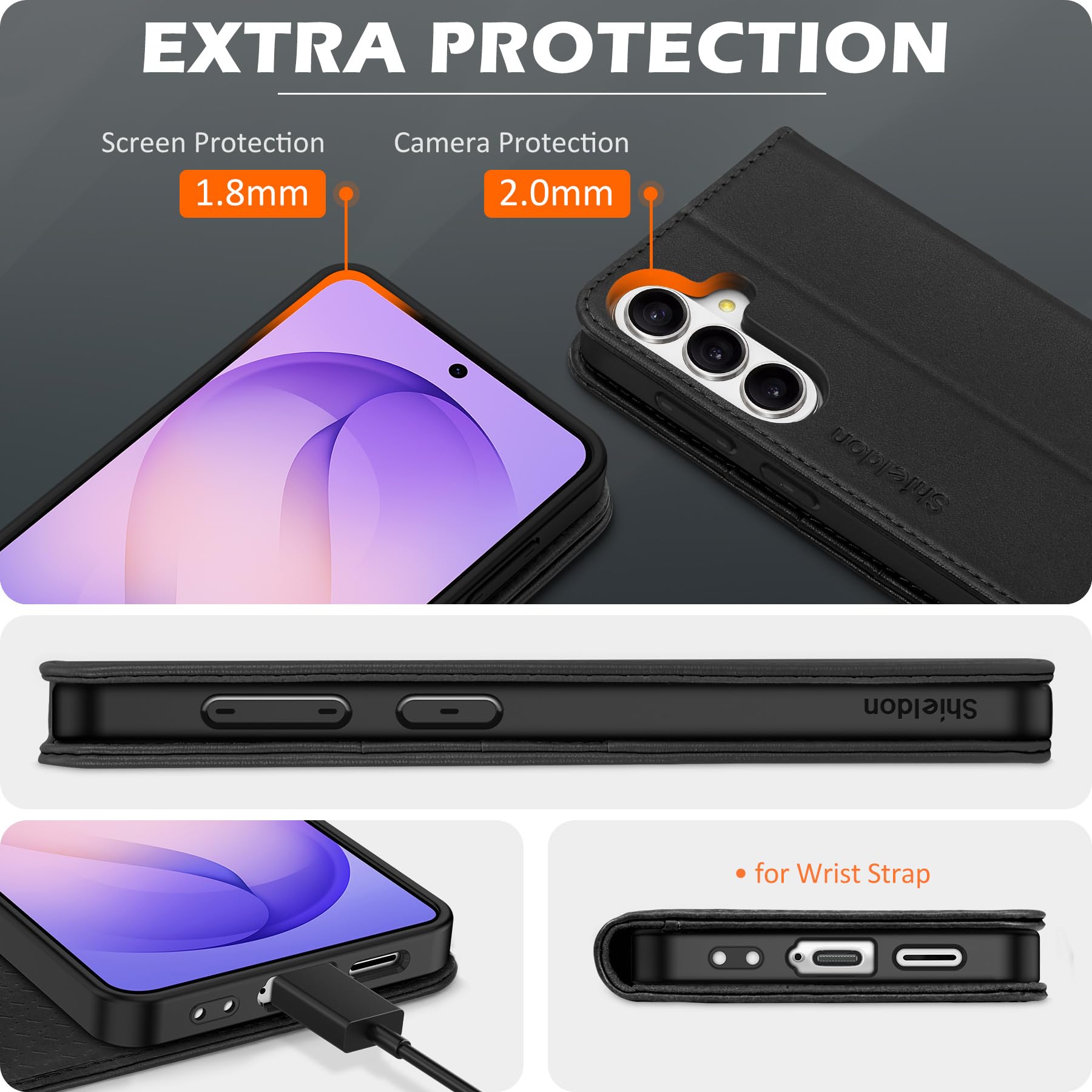 SHIELDON Funda para Galaxy S26+ Plus 6.7", Carcasa de Cuero Genuino con Soporte para Tarjeta, Bloqueo RFID, Protección Completa, Magnética, Leather Case Compatible con Galaxy S 26+ 2026 - Negro