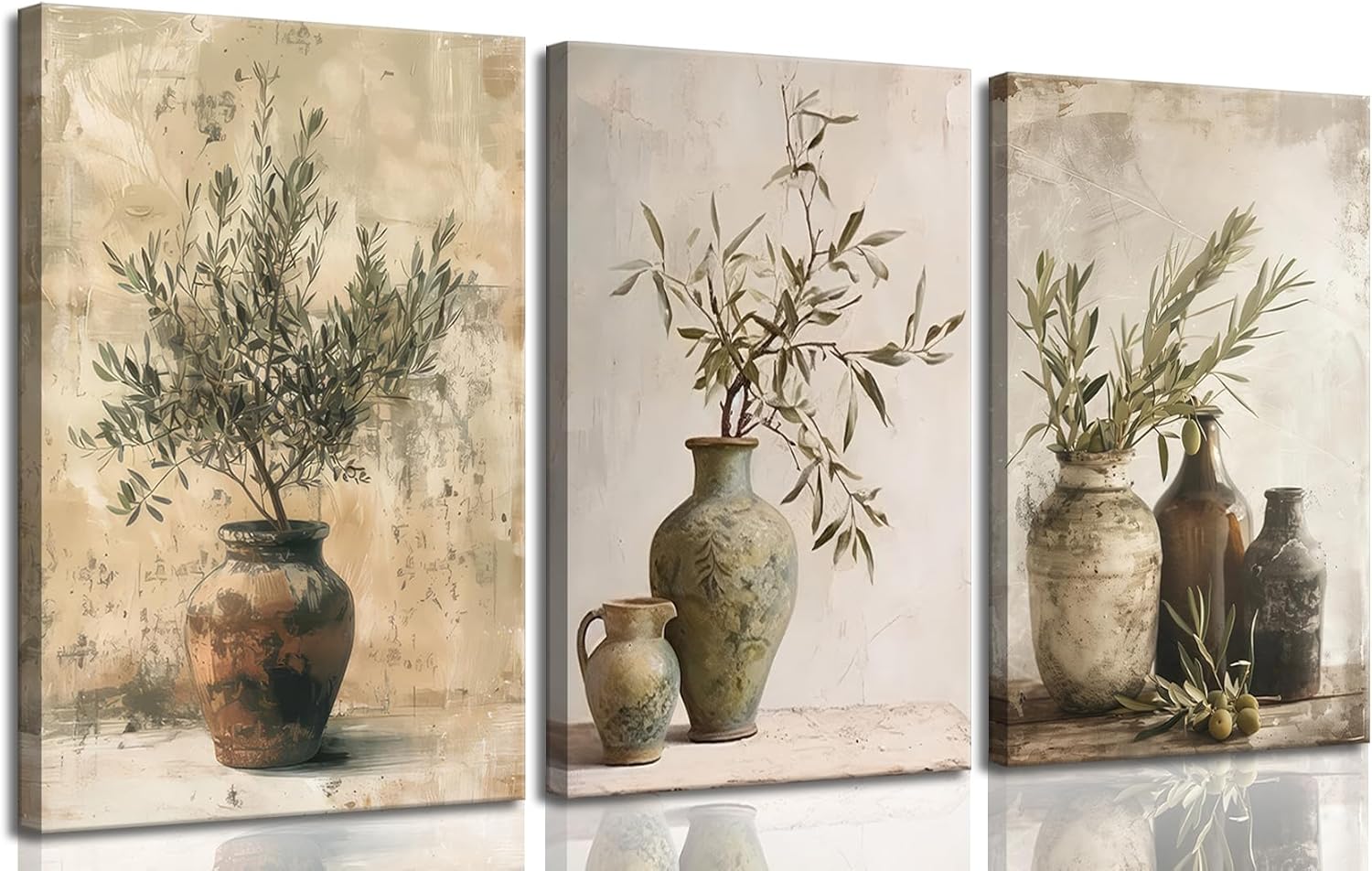 Vintage Vase Canvas Wall Art Prints Green Rustic Olive Branch Wall Decor Pictures Antique Still Life Plant Posters Paintings Artwork for Living Room Bedroom Kitchen Home Decoration 16x24in framed canvas 24L" x 16W"