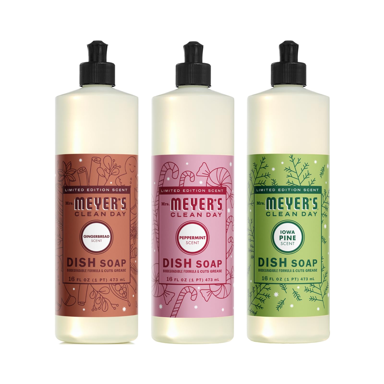 Mrs MEYERS CLEAN DAY Dish Soap 3 Pack Variety 16 OZ Each 1 CT Iowa Pine Peppermint Gingerbread