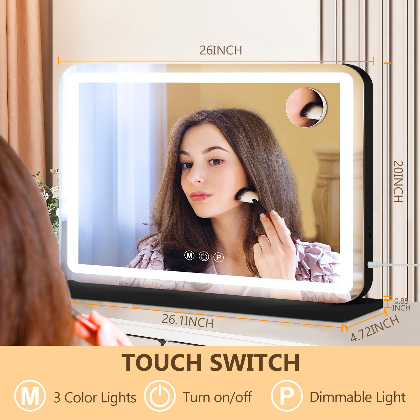 Ratsamee Miroir de courtoisie noir de 66 x 50,8 cm avec lumières, miroir de maquillage LED, miroir de maquillage éclairé avec 3 lumières de couleur à intensité variable, contrôle d'écran tactile
