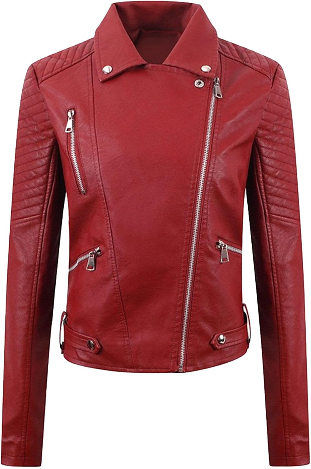 Women's Slim Fit Motorcycle Solid Coat Fashion Faux PU Asymmetrical Coat Jacket Washed Lapel Fall Outerwear