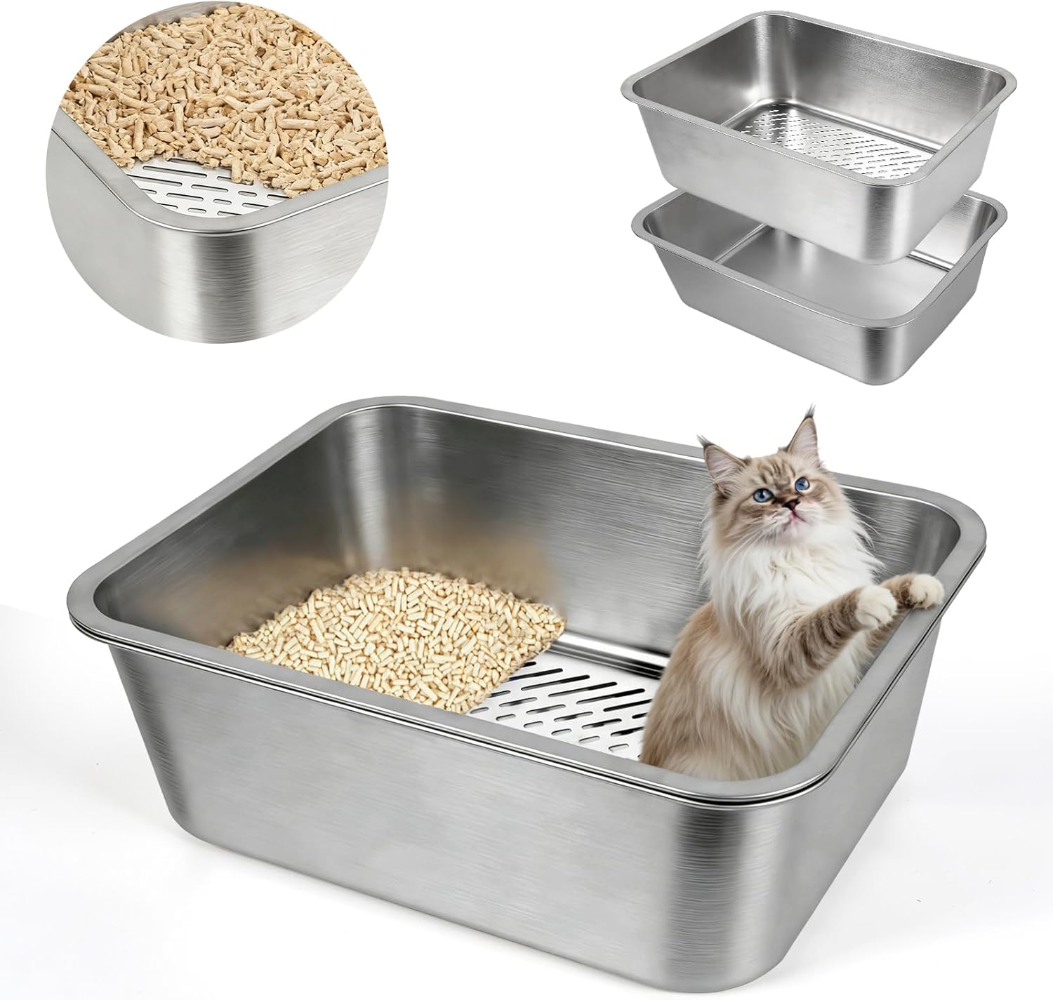 Stainless Steel Sifting Litter Box with Sifter,Metal Cat Sifting Litter Box for Pine Pellets,High Side to Prevent Litter Tracking for Big Cat Multi Cats,Anti-Urine Leakage,Easy Cleaning,Less Tracking
