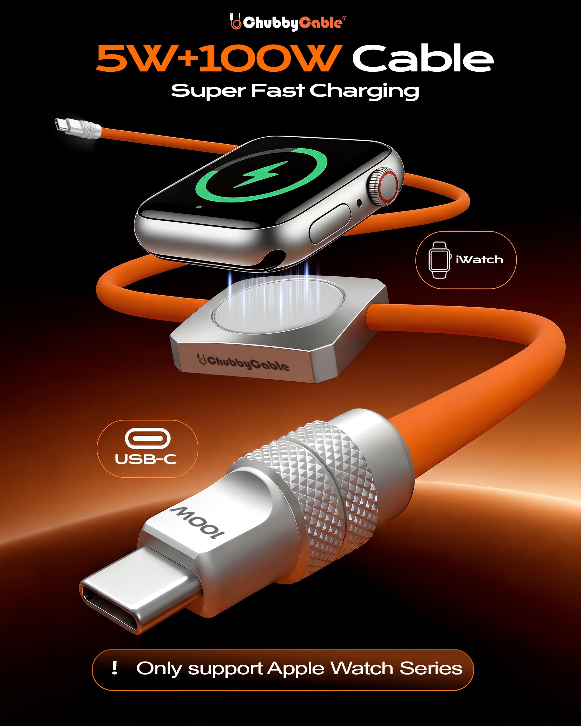 chubbycable Solo-Flex 2-in-1-USB-C-auf-USB-C-Kabel mit integriertem magnetischem Ladegerät für Apple Watch, 100 W + 5 W, schnelles Aufladen, dickes Silikonkabel, Orange, 1,2 m