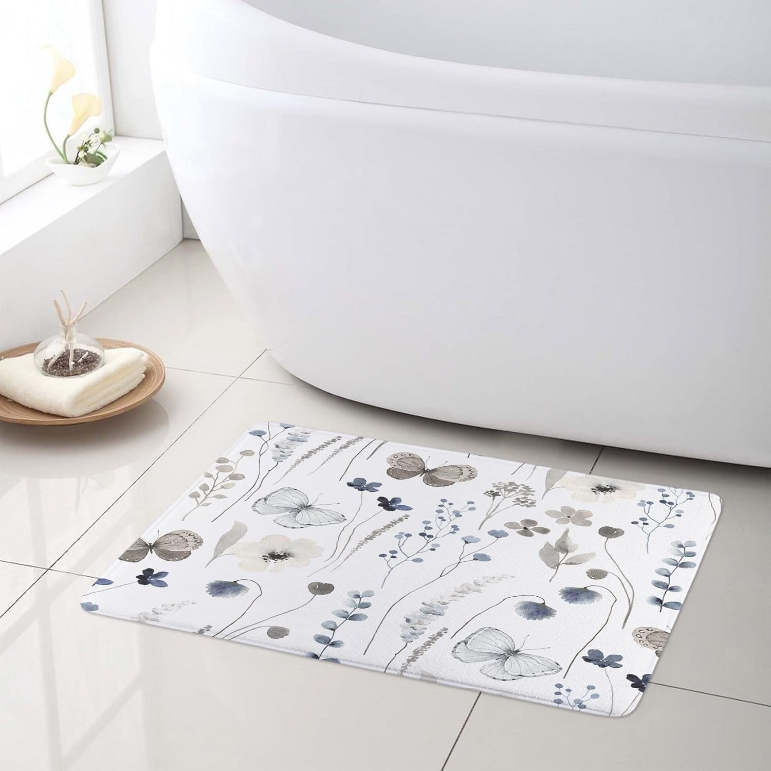 Grey Butterfly Shower Curtain Sets with Rugs Vintage Watercolor Blue Floral and Eucalyptus Leaf Fabric Shower Curtain with Hooks Spring Nature Floral PlantBathroom Curtains Shower Set, 72x72 inches