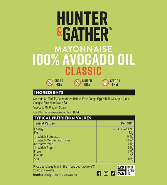 Hunter & Gather Avocado Oil Mayonnaise 630g | Seed Free I Made with Pure and British Free Range Egg Yolk | Paleo, Keto, Sugar & Gluten Free