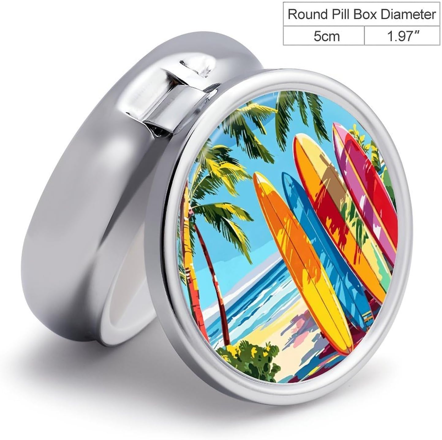 Beach Surfboard Round Pill Box with 3 Compartments & Mirror image 2