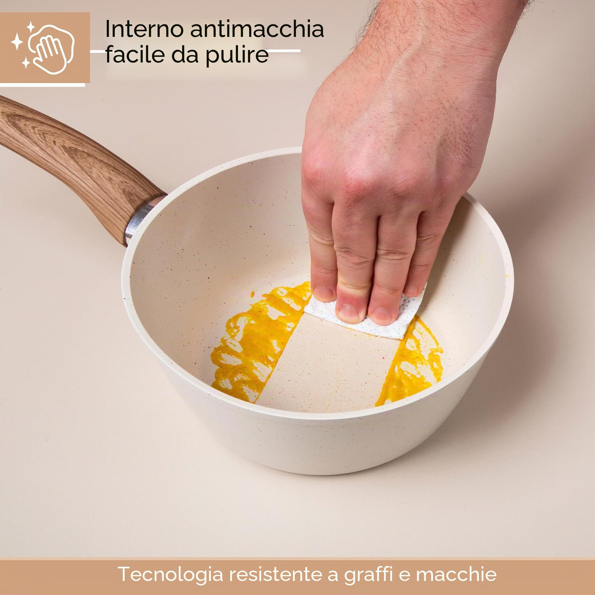 Set di Pentole Antiaderenti per Induzione con Coperchio – Set di 3 Pentole per Salse in Granito Color Crema – 16 cm, 18 cm, 20 cm – Nuovva