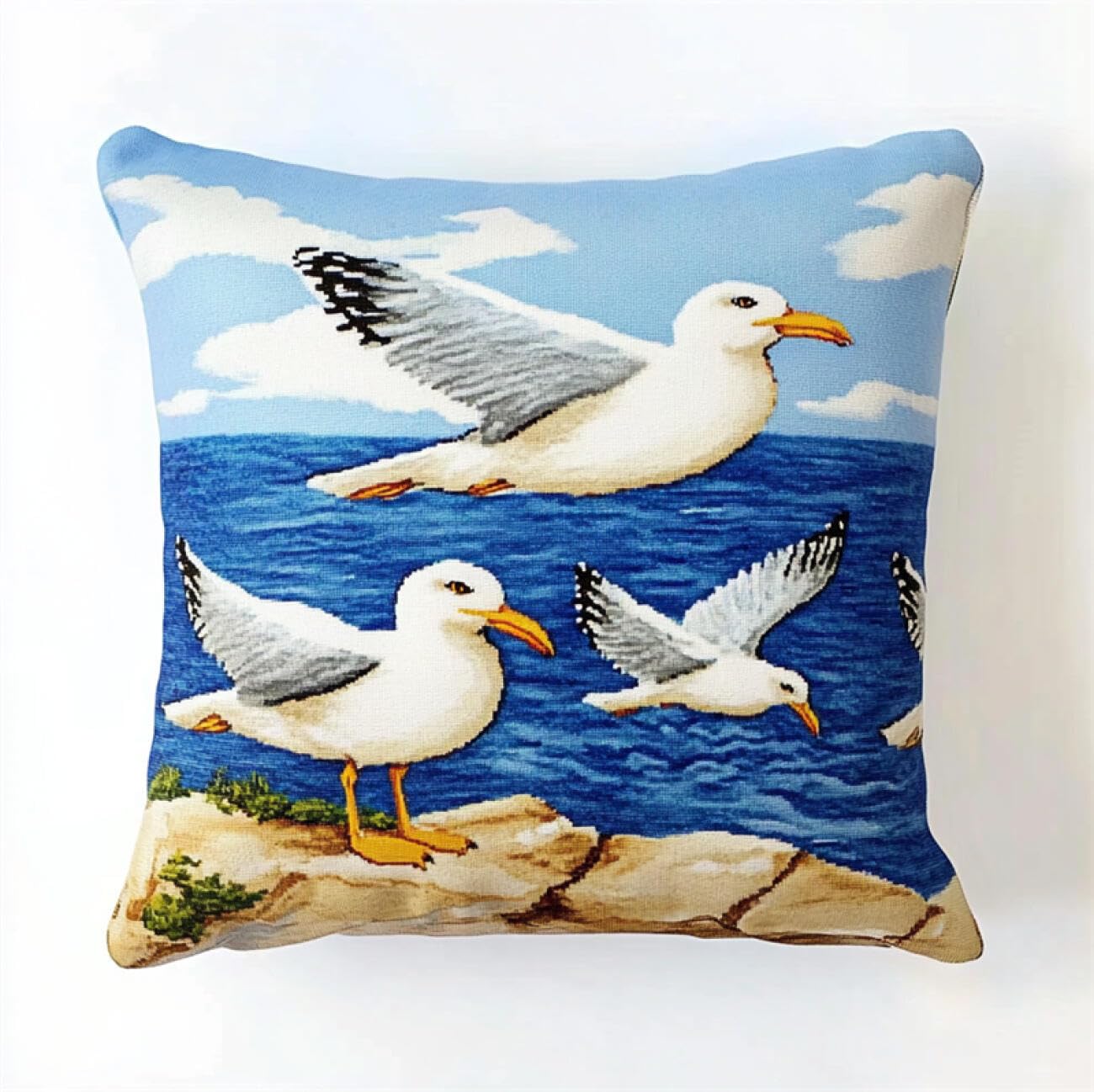 Henypt 9CT Cross Stitch Pillow Kit Seagulls On The Beach Animal DIY Cushion Embroidery Kit Needlepoint Handmade Needlework Cushions Kits Stitched Pillow Cover Set for Adults Beginners 50x50cm