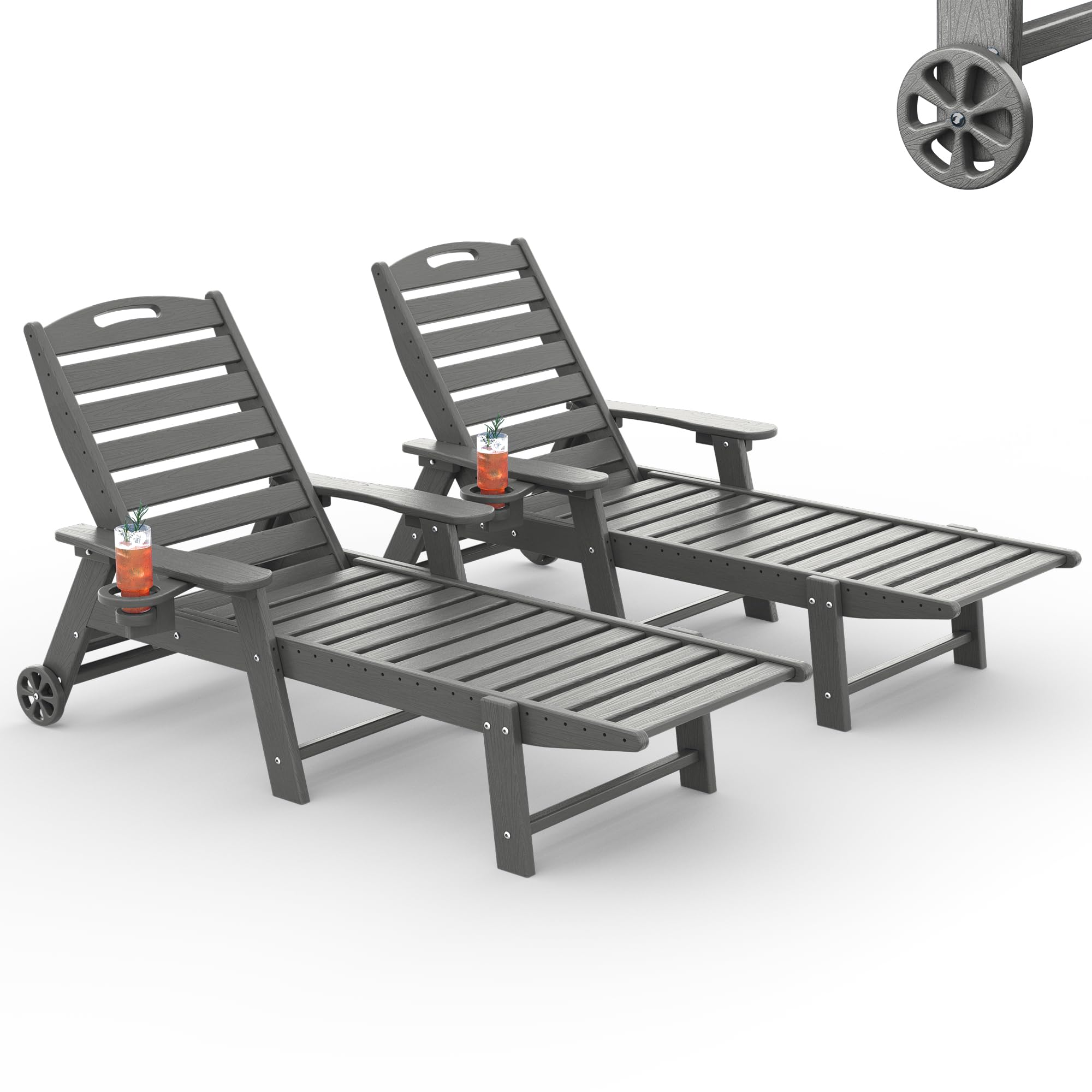 HDPE Outdoor Chaise Lounge Chair Set of 2, 77.8" Extended Length Patio Lounge Chair with Woodgrain Finish, 5 Adjustable Reclining Positions, Wheels &amp; Cup Holder, Dark Grey