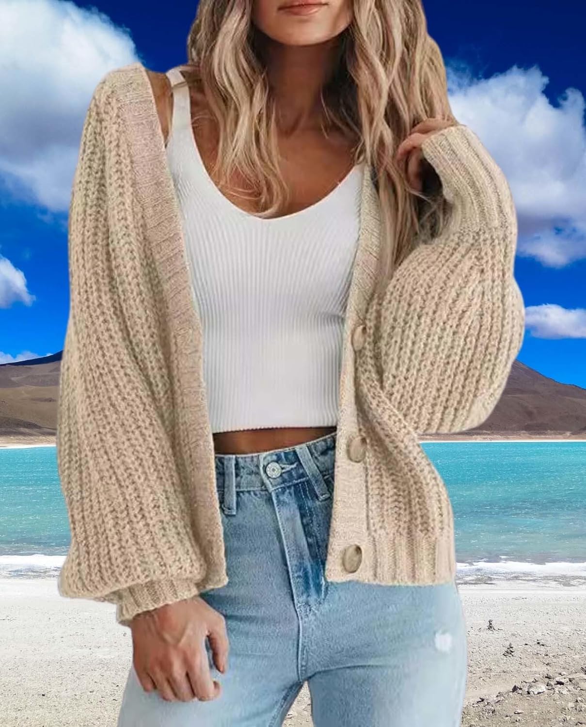 Ultimate Womens Thick Knit Cardigan Sweater Cozy Long Sleeve Button Loose Short Warm Cardigan Sweater - Image 5