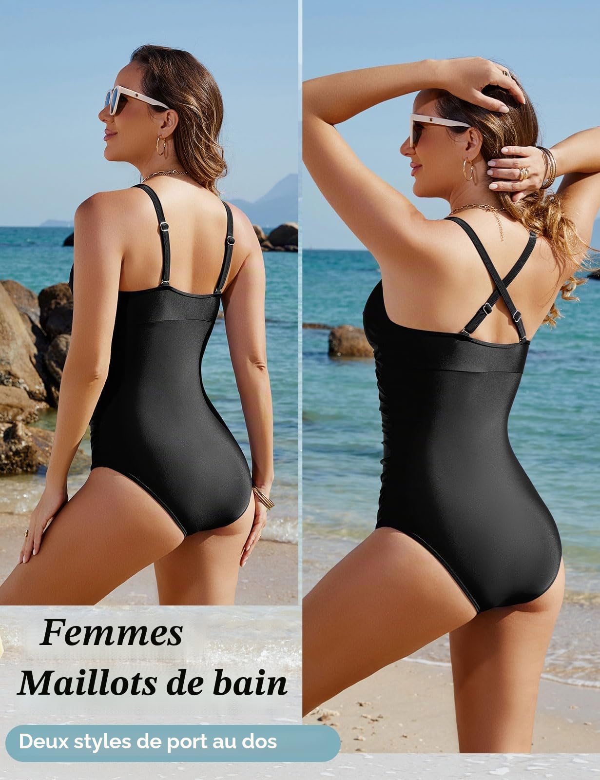 heekpek Maillot de Bain Femme 1 Piece Gainant Ventre Plat Push Up Rembourré Taille Haute Maillot de Bain Une Piece Femme Retro Swimsuit avec Avant Croisé