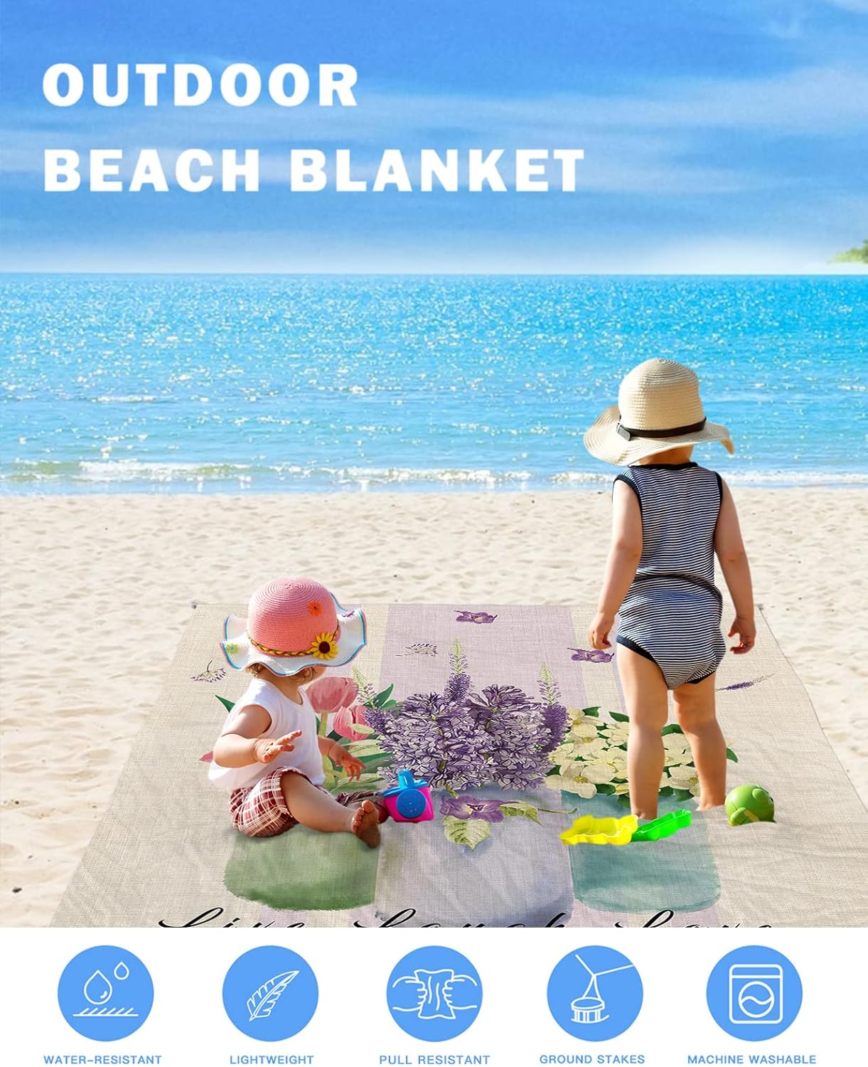 Watercolor Elegant Blossoms Tulip Flower Beach Blanket Waterproof Sandproof Outdoor Picnic Mat 108"x84" Purple Stripe Linen Texture Lightweight Large Beaach Blankets with 4 Stake & 4 Corner Pockets