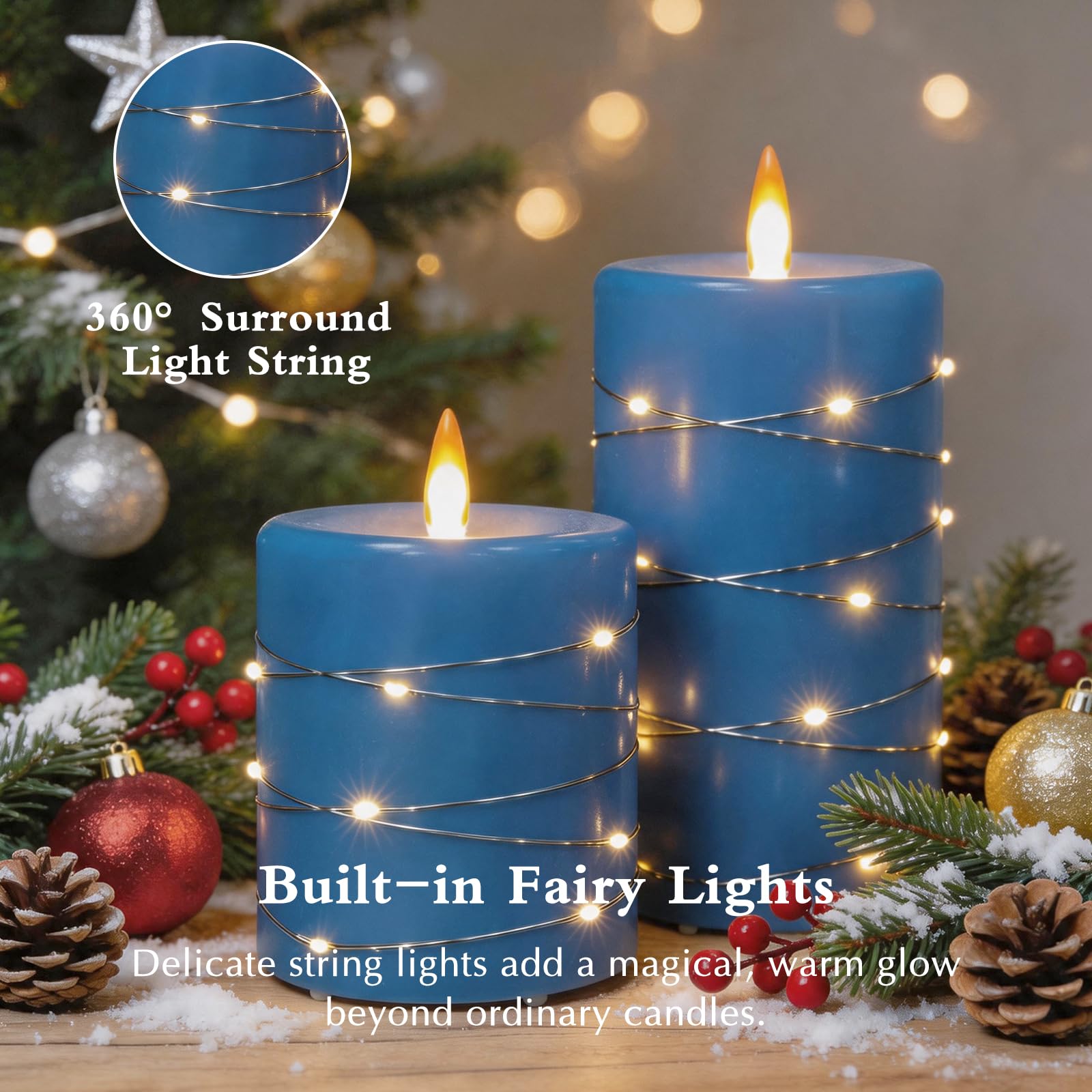 Candele LED Ricaricabili, Set da 3 con Luci a Filo Integrate, Blu | Vera Cera, Senza Fiamma, Telecomando, Timer 2/4/6/8 Ore, Effetto Fiamma Danzante, Luce Tremolante, per Casa e Matrimonio