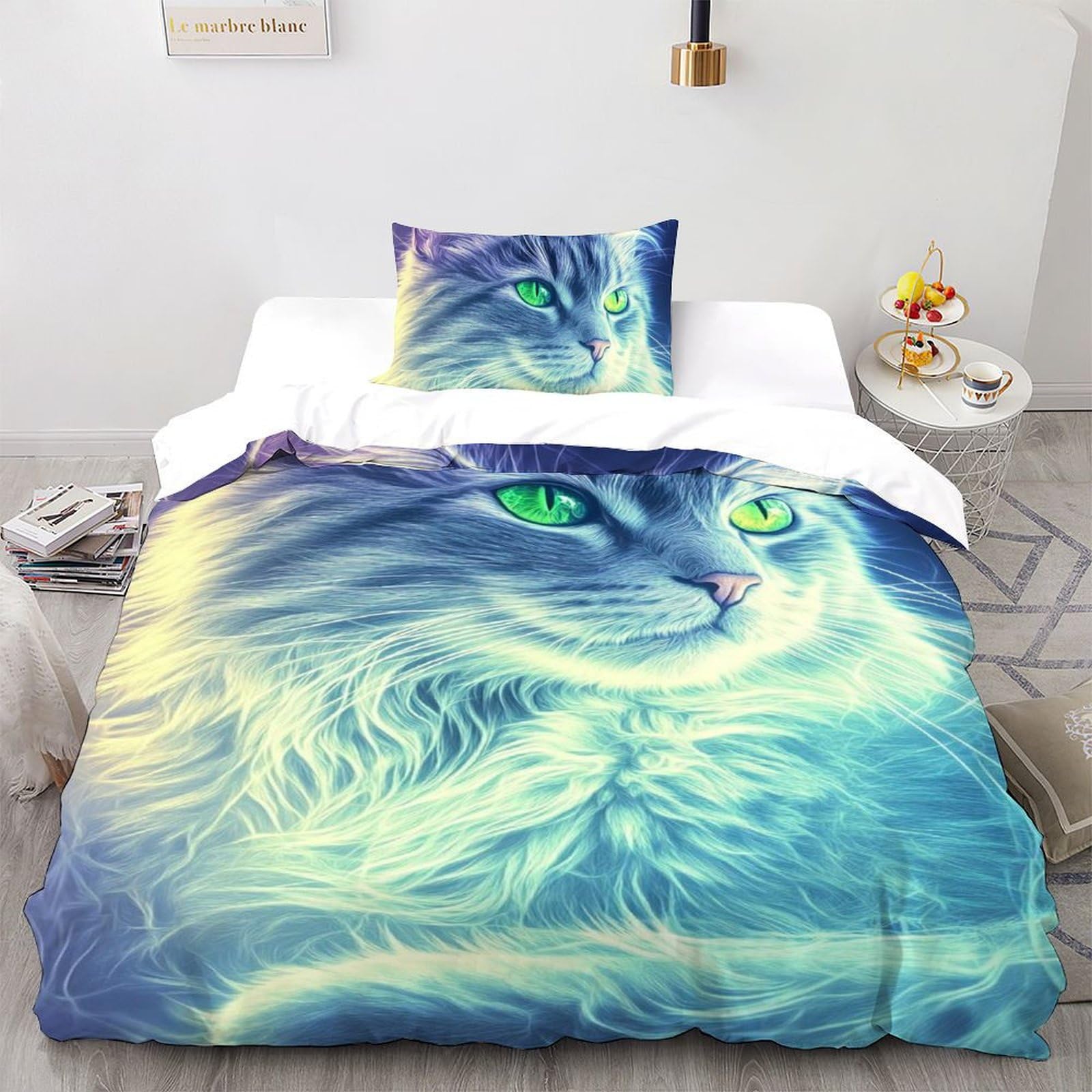 Parure 2 pièces chat fluorescent 135x200cm housse de couette single en coton pour enfants