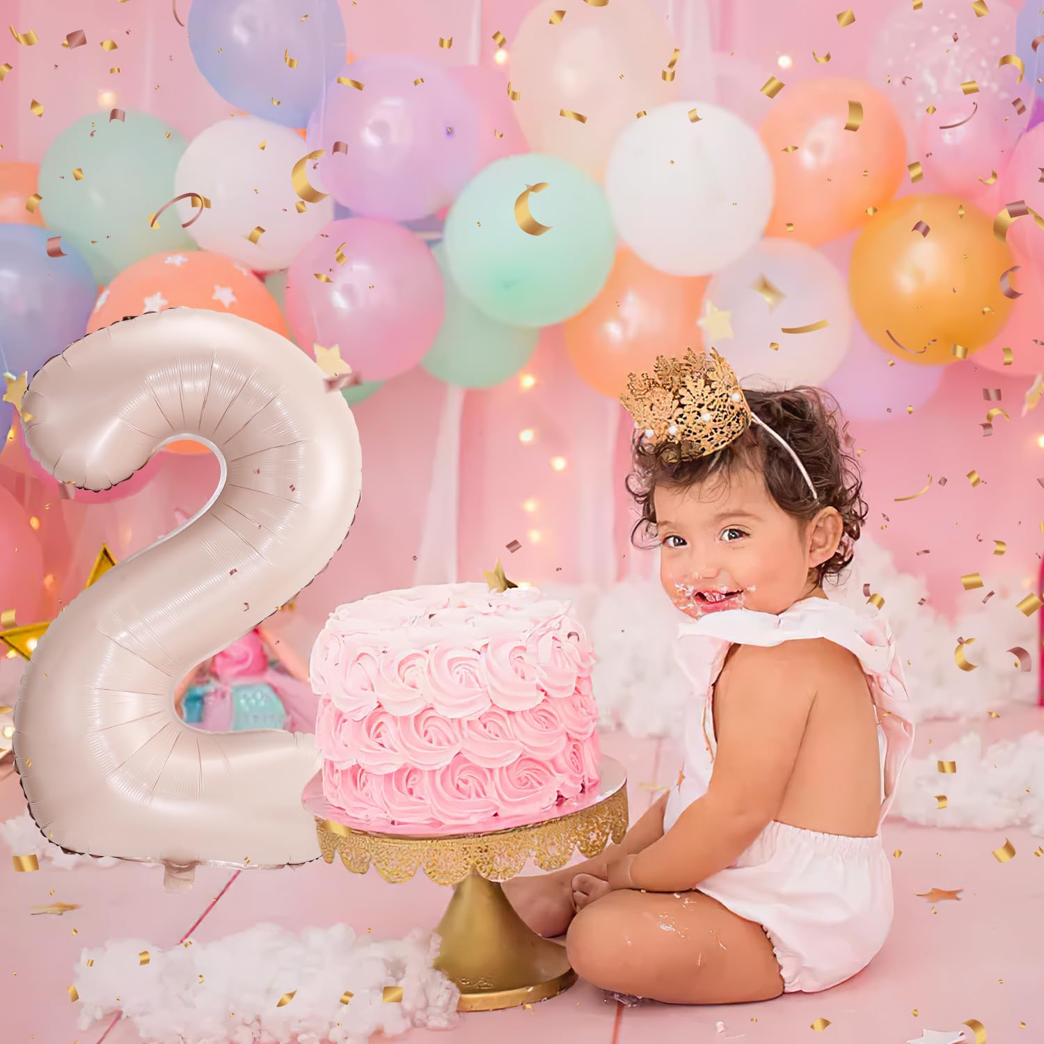 2 Anno Decorazione di Compleanno, Palloncino Numero 2 Anni Compleanno Decorazioni Arcobaleno Rosa Ragazza, Palloncini in lattice di coriandoli rosa bianco blu oro, Buon compleanno Banner e nastri