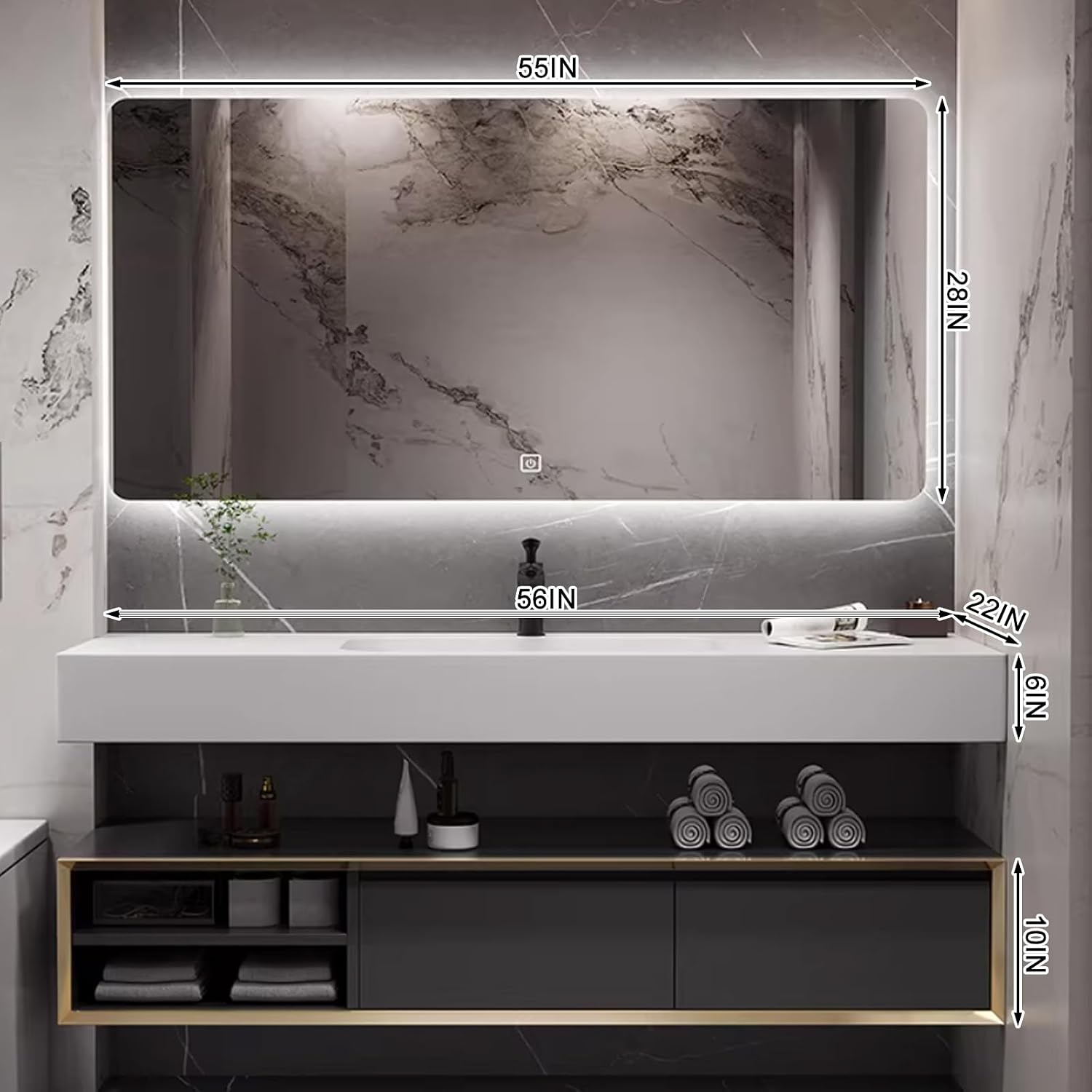 Oneroom Large Bathroom Vanity with Double Sink, Vessel Sink Bathroom Vanity Cabinet with Vanity Mirror Light,Wide Mirror & Vanity Mirror