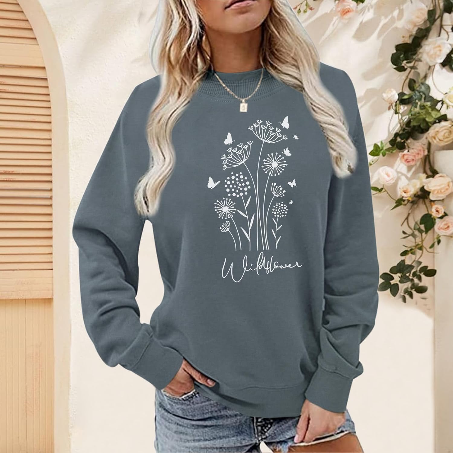 Bobeutou Flower Graphic Sweatshirt for Women 80s Vintage Minimalistic Floral Printed Long Sleeves Shirt Loose Pullovers Tops - Image 3