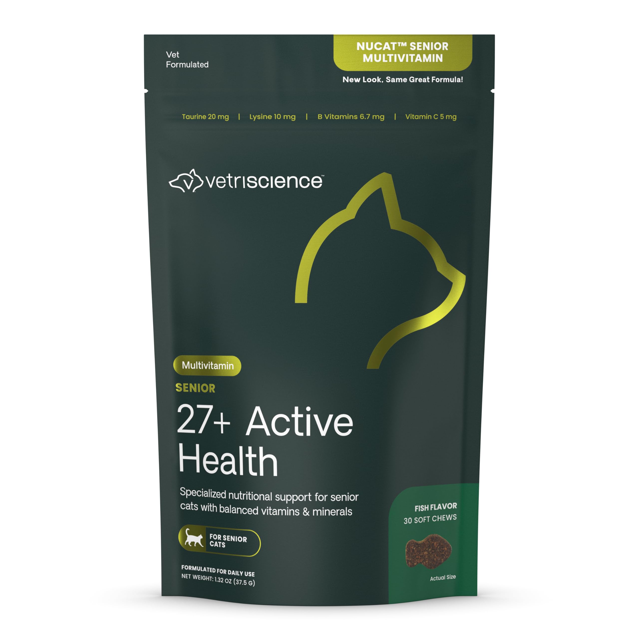 VetriScience Senior 27+ Active Health Chews, Nu Cat Daily Multivitamin for Senior Cats, Balanced Vitamins, Minerals and Antioxidants, Healthy Aging and Wellness Support, Fish, 30 Count