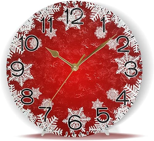 Miniatura 6 de Reloj de pared de Navidad con copos de nieve blancos sobre rojo, funciona con pilas, sin tictac, cuarzo silencioso, analógico, rústico, rústico,