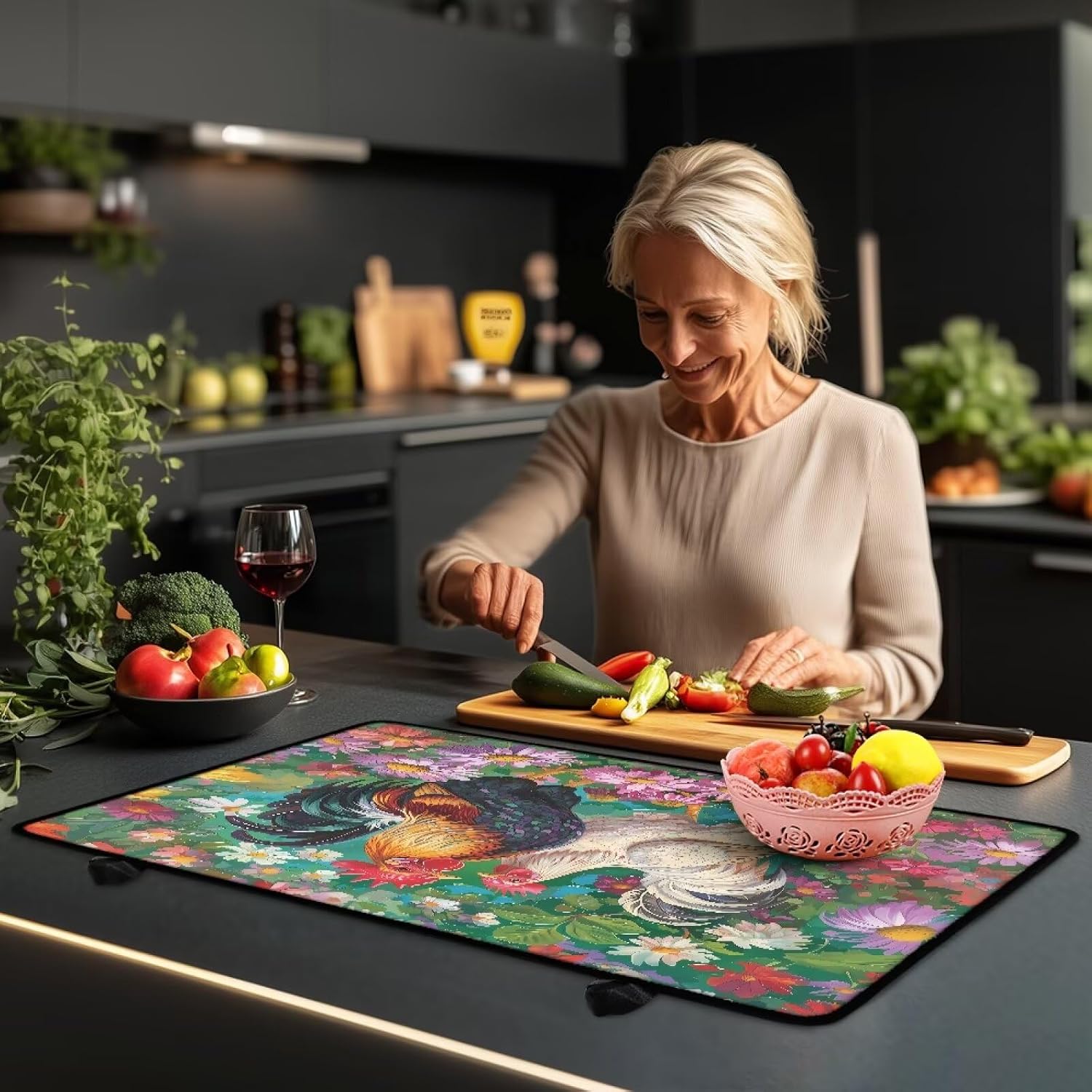 Cock Flower Stove Top Cover for Electric Stove 28.5"X20.5 Heat Resistant Silicone Dish Drying Mat for Protect Kitchen Counter Surface and Prevent Scratching