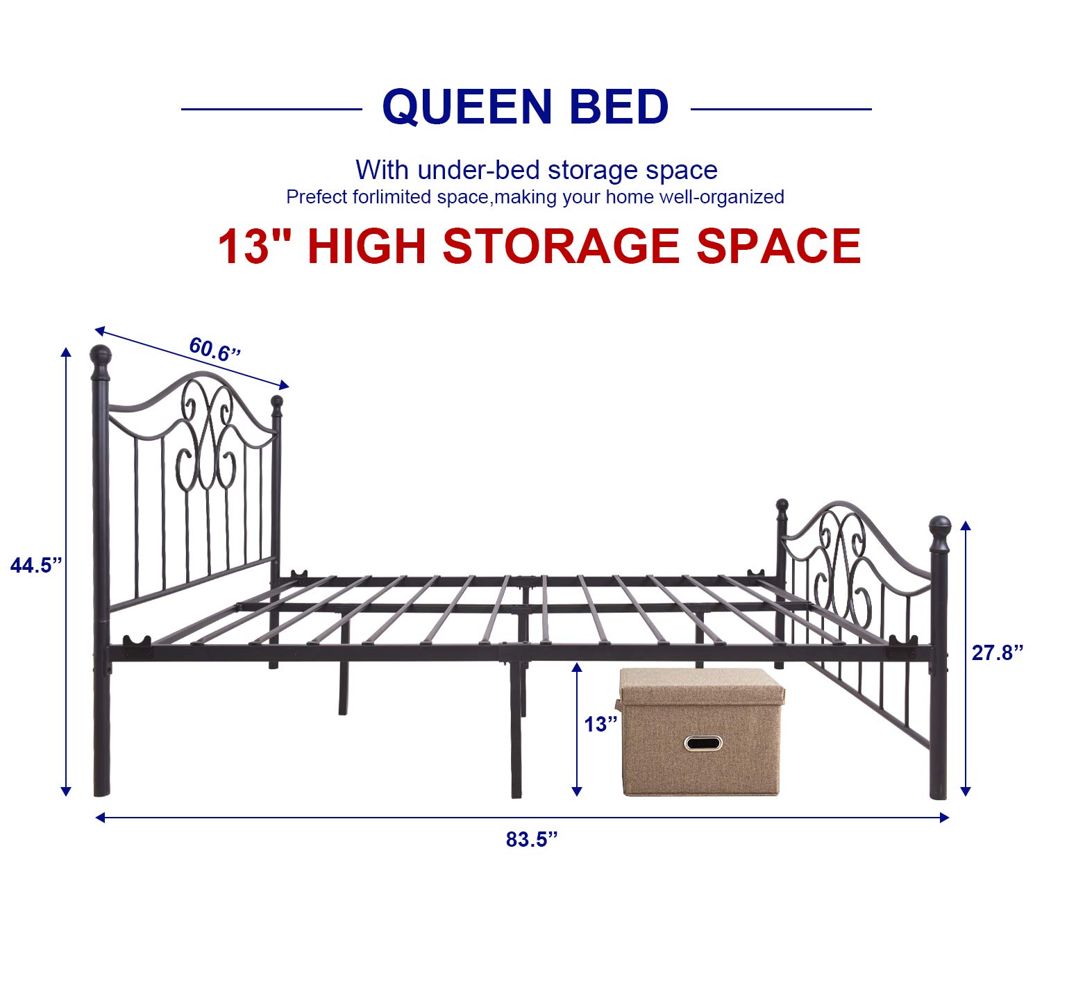 Metal Bed Frame Queen Size with Vintage Headboard and Footboard