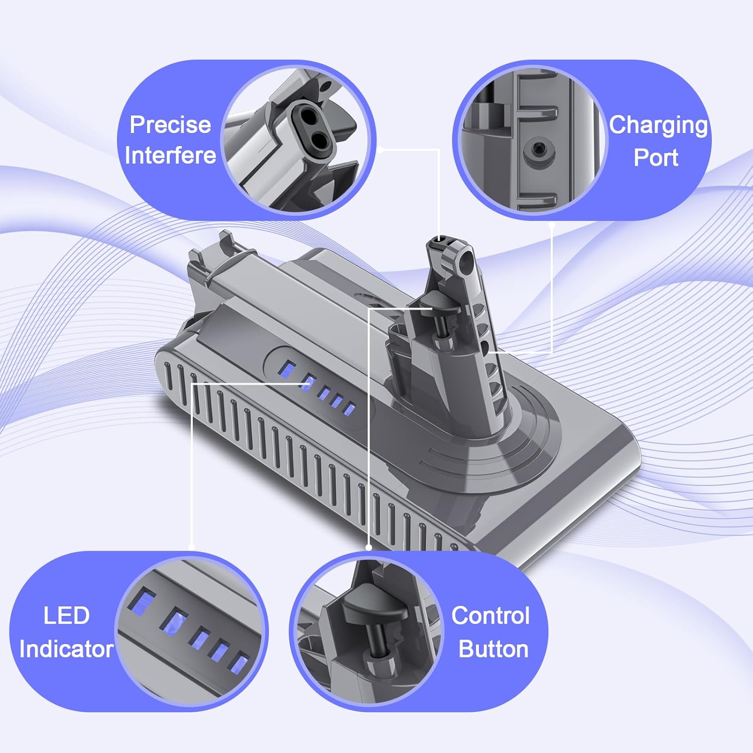 POWTREE V10 battery with safety certifications CE, FC, RoHS and icons for overcharge, overvoltage, short circuit, and overcurrent protection.