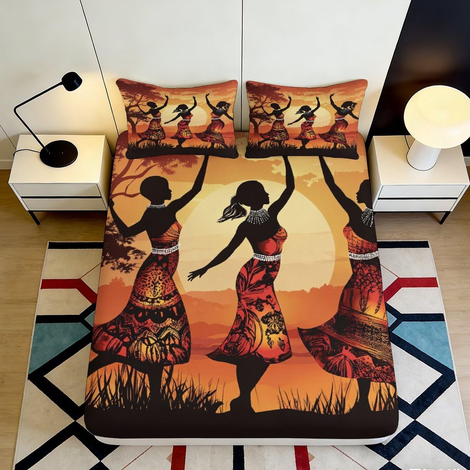3D Printed African Dance Pattern Fitted Sheet Microfiber Soft Durable Sunset Silhouette Bed Cover for Bedroom Dormitory Guest Room Mattress Protection 200x200x25cm