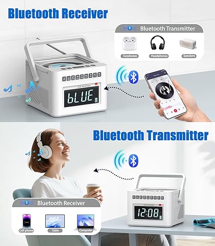 Miniatura 5 de Greadio Reloj despertador con reproductor de CD Boombox con Bluetooth, radio Boombox de 5000 mAh con reproductor de CD, ruido blanco,