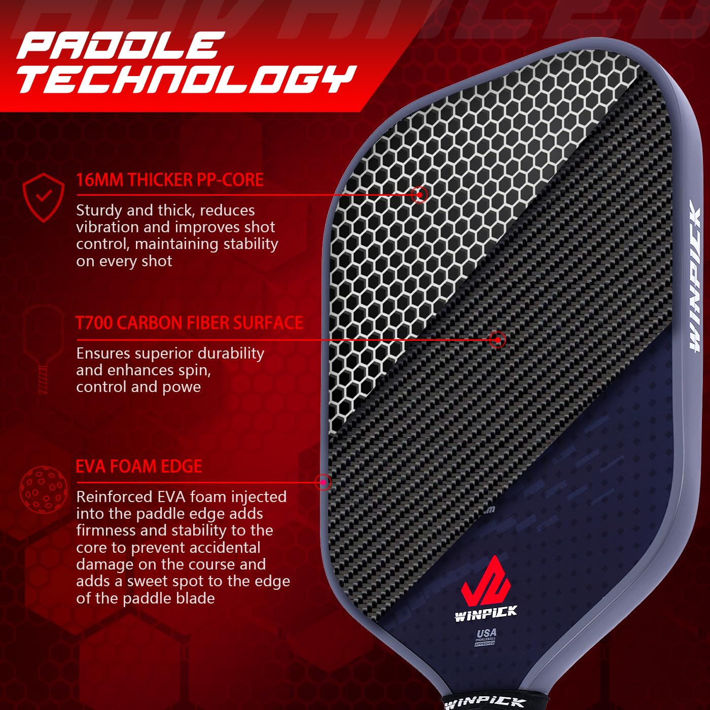 Racchetta per pickleball, superficie in fibra di carbonio T700 termoformata con pareti iniettate in schiuma, nucleo a nido d'ape in PP, controllo stabile delle prestazioni e potenza Pickleball