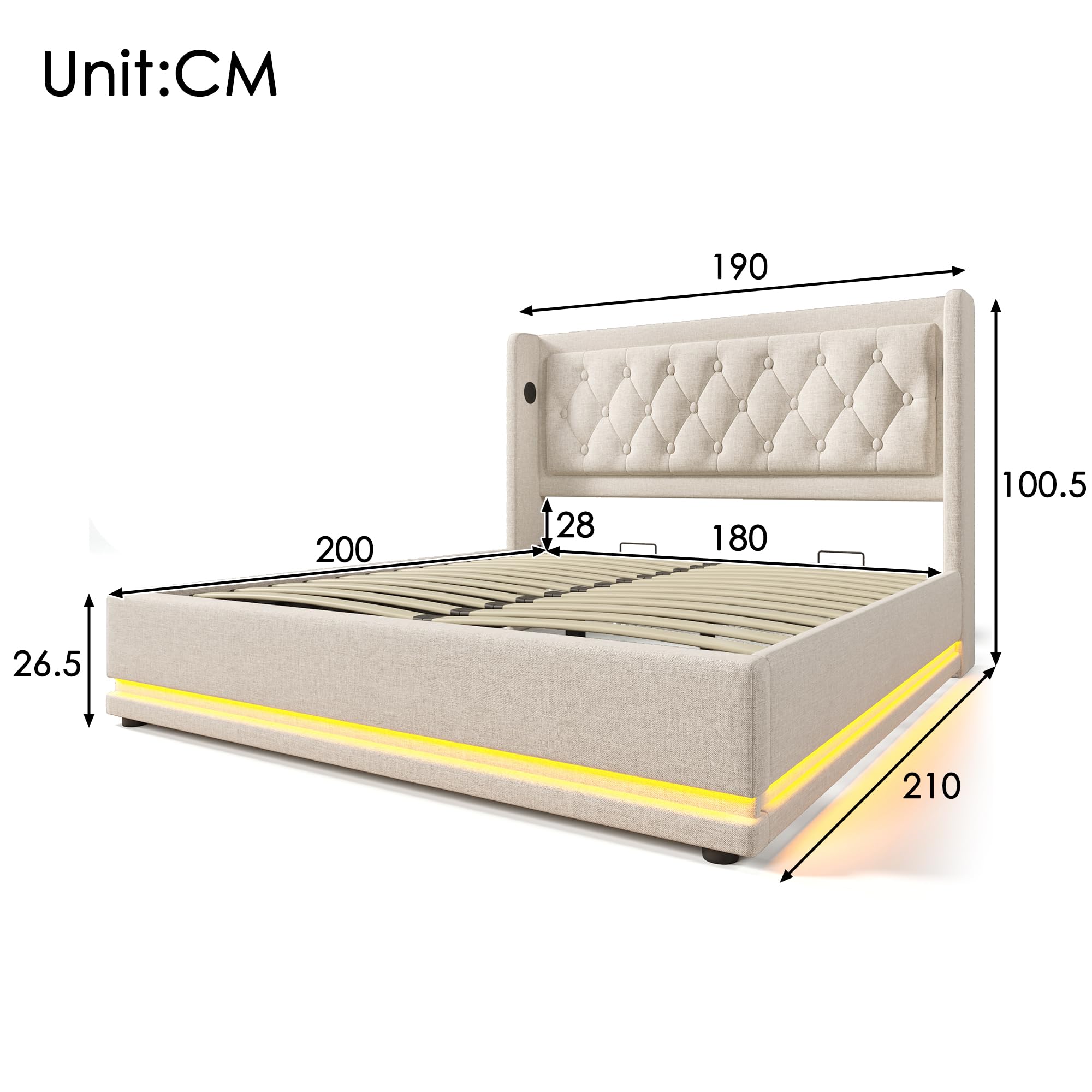 Letto Imbottito 180x200 Cm Con Contenitore Idraulico E Luci LED - Cotone E Lino Beige Con Porte USB