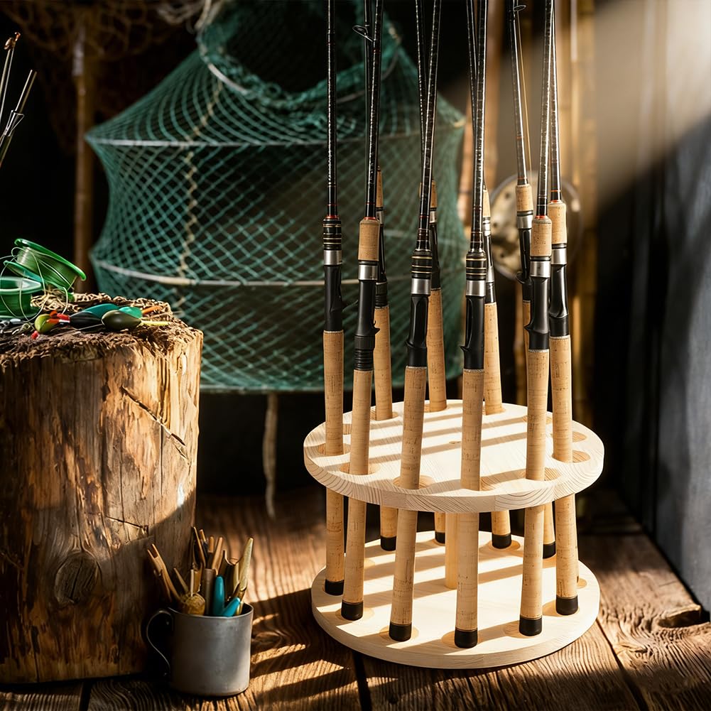 PH PandaHall Supporto per canne da pesca in legno, 12 fori estesi da 38 mm, espositore rotondo in legno per canne da pesca, ideale per garage, casa o stoccaggio, 1 pezzo, 30 x 18,3 cm