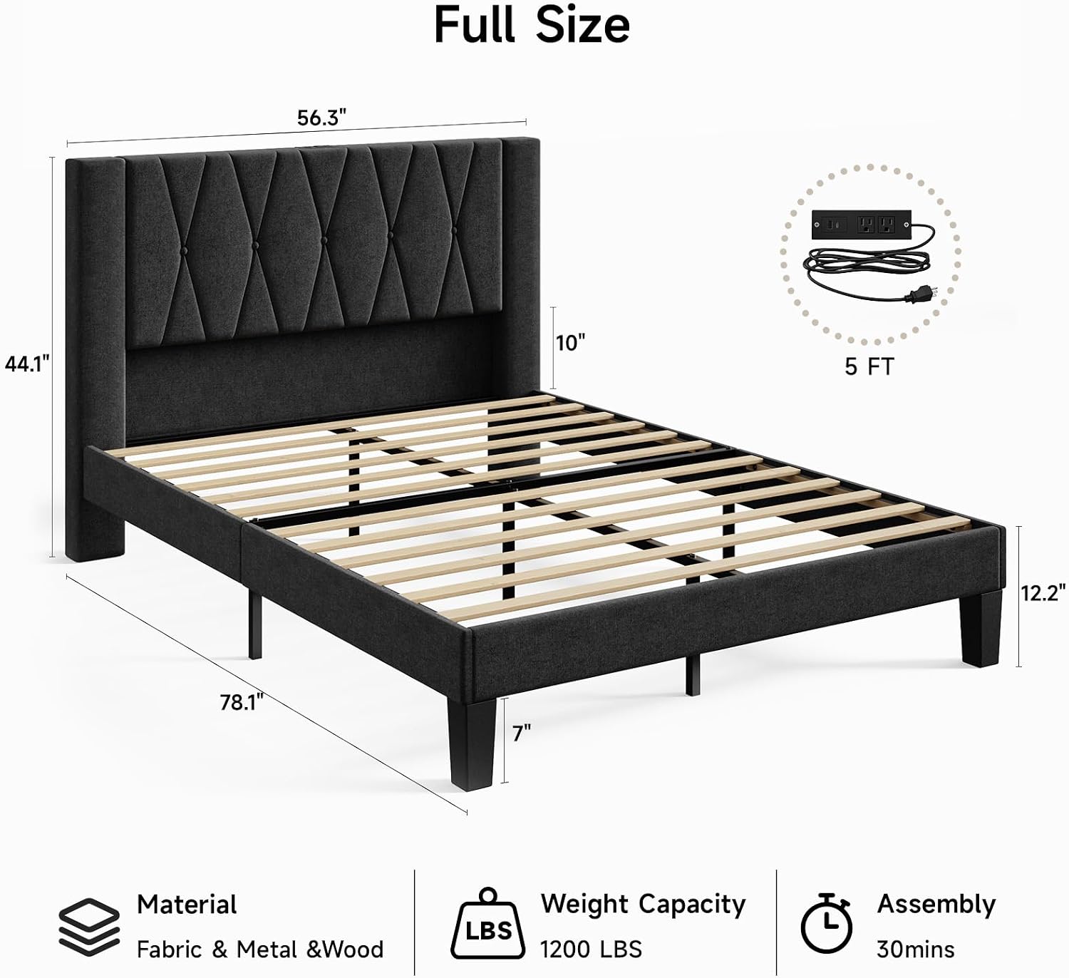 ONBRILL Full Bed Frame with Headboard, Heavy-Duty Linen Upholstered Platform Bed Frame w/Charging and Storage, Button Tufted, Wooden Slats Support, No Box Spring Needed, Easy Assembly, Black