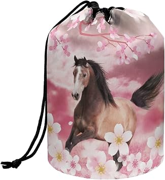 Cherry Blossom Horse Barrel Drawstring Makeup Bag Portable Travel Cosmetic Bag Large Capacity Toiletry Organizer Lightweight Hanging Makeup Pouch for Women and Girls