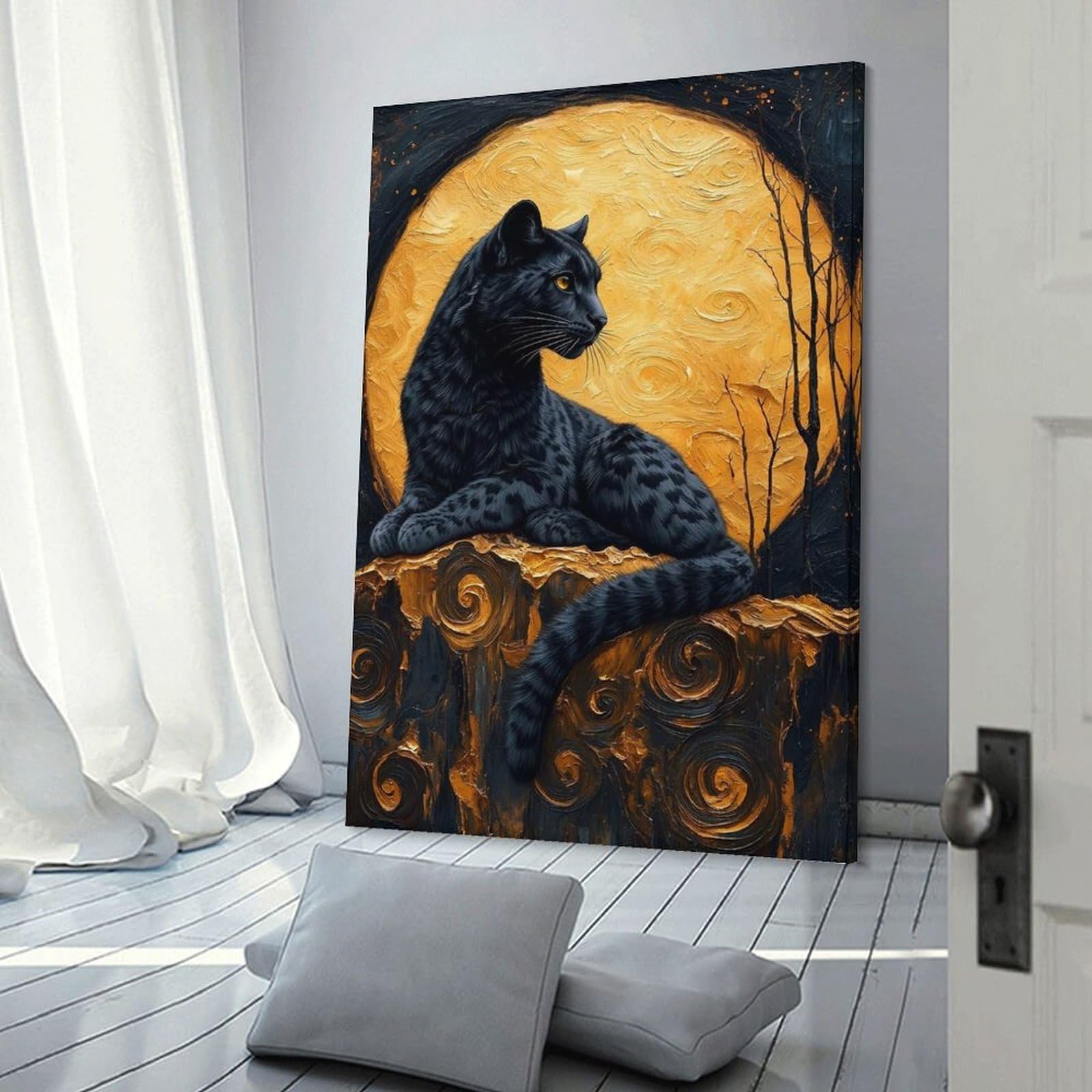 Junmoney Black Panther And Golden Moon Art Canvas Art Print 08x12inch(20x30cm), for Gallery Wall Layouts in Home Or Office, Decorative Artwork with Flexible Styling