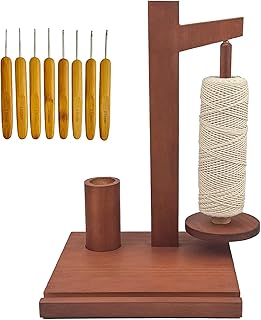 Neehows Crochet Yarn Holder for Crocheting & Knitting with 8 Crochet Hooks and Phone Holder, Magnetic Yarn Spinner Wooden Yarn Storage Spool Rack - Brown
