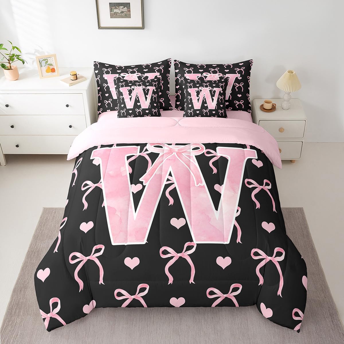 Erosebridal Black Pink Knot Set with Sheets Twin Size for Girls Watercolor Alphabet W 7 Piece Bedding Set Cute Love Hearts Gifts Fairy Cartoon Bowknot All Season Bed in A Bag