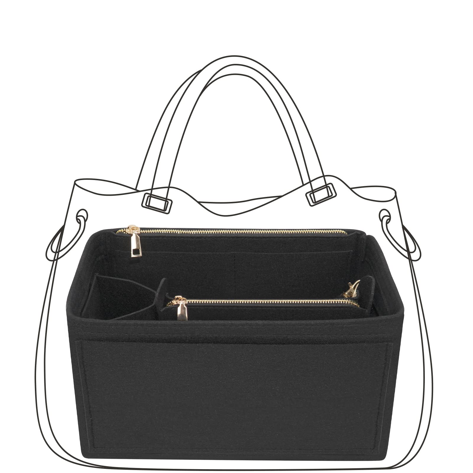 JOENCOSTJOENCOST Purse Organizer Insert Handbag, Silky Touching Softened Felt Bag for Tote, Handbags Organizer with Metal Zipper Perfect for Speedy Neverfull Tote (Black L)