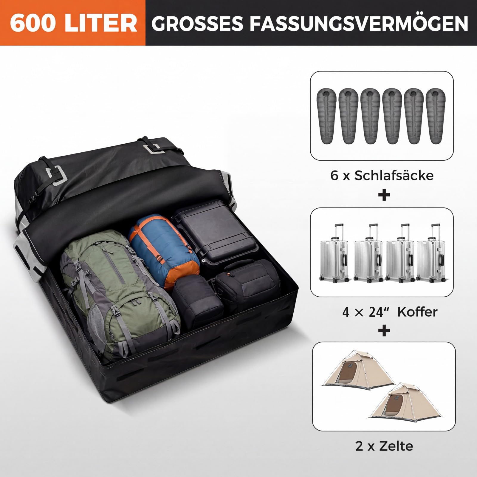 COSTWAY Dachbox Auto, 600 Liter Dachkoffer wasserdicht, Gepäckbox mit Anti-Rutsch-Matte, 6 Türhaken, Schloss & Tragetasche, tragbare Dachtasche XXL für Autos mit/ohne Gepäckträger (Grau)