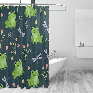 J JOYSAY Spring Frogs Dragonflies Black Pattern Fabric Shower Curtains with Buttonholes Hooks Water Repellent Washable Cloth Shower Curtain for Bathroom Hotel Decor 72x72 Inch