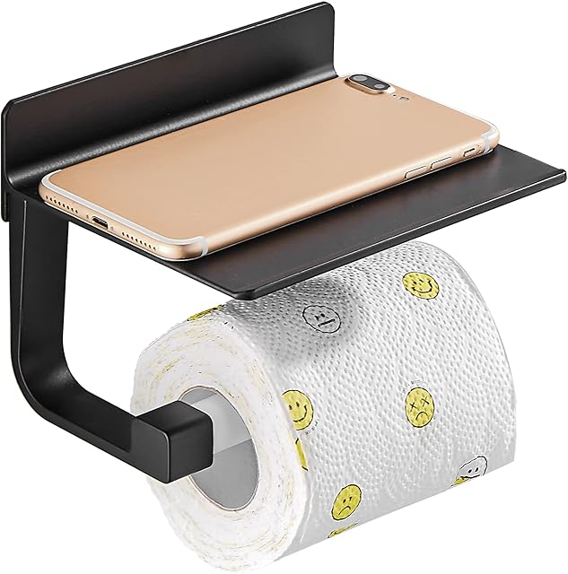 Hoomtaook Black Toilet Roll Holder Toilet Paper Holder No Drilling Space Aluminium Bathroom Accessories Wall Mounted Matte Finish Black