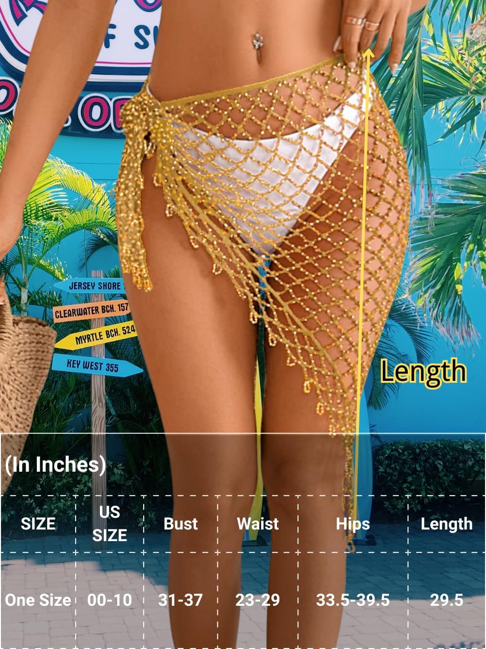 Women's Sparkly Beaded Fringe Wrap Coverup, Boho Crochet Beach Sarong Skirt, Belly Dance Hip Scarf Fits 00-10