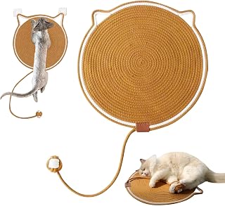 Cat Toy Scratcher Mat with Ball, 14" Size Natural Cotton Rope Dual Scratching Pad for Indoor Cats, Portable Furniture Protector for Wall, Carpets, Hand Washable (Brown, 14"*14")