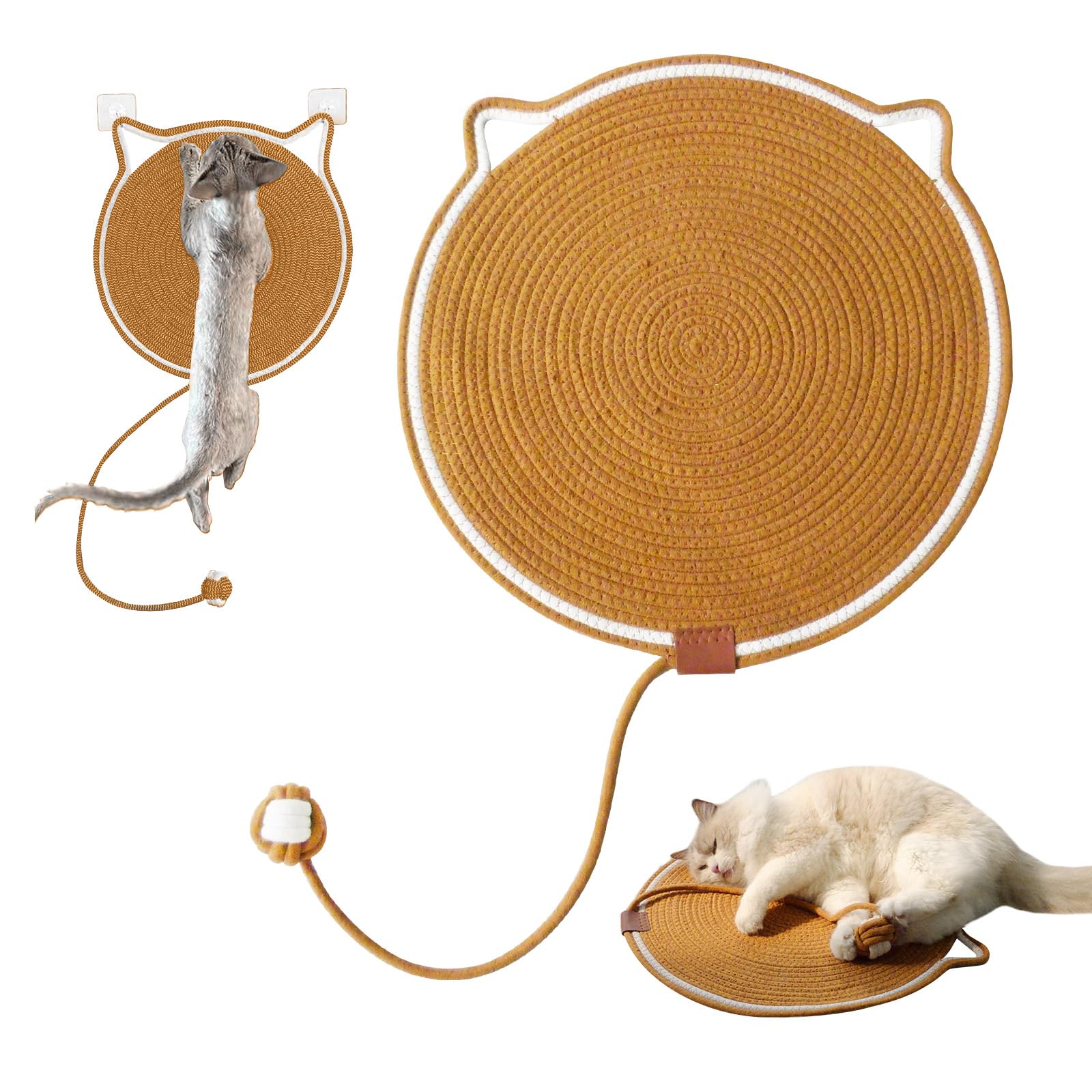 GooCare Cat Toy Scratcher Mat with Ball, 17" Size Natural Cotton Rope Dual Scratching Pad for Indoor Cats, Portable Furniture Protector for Wall,