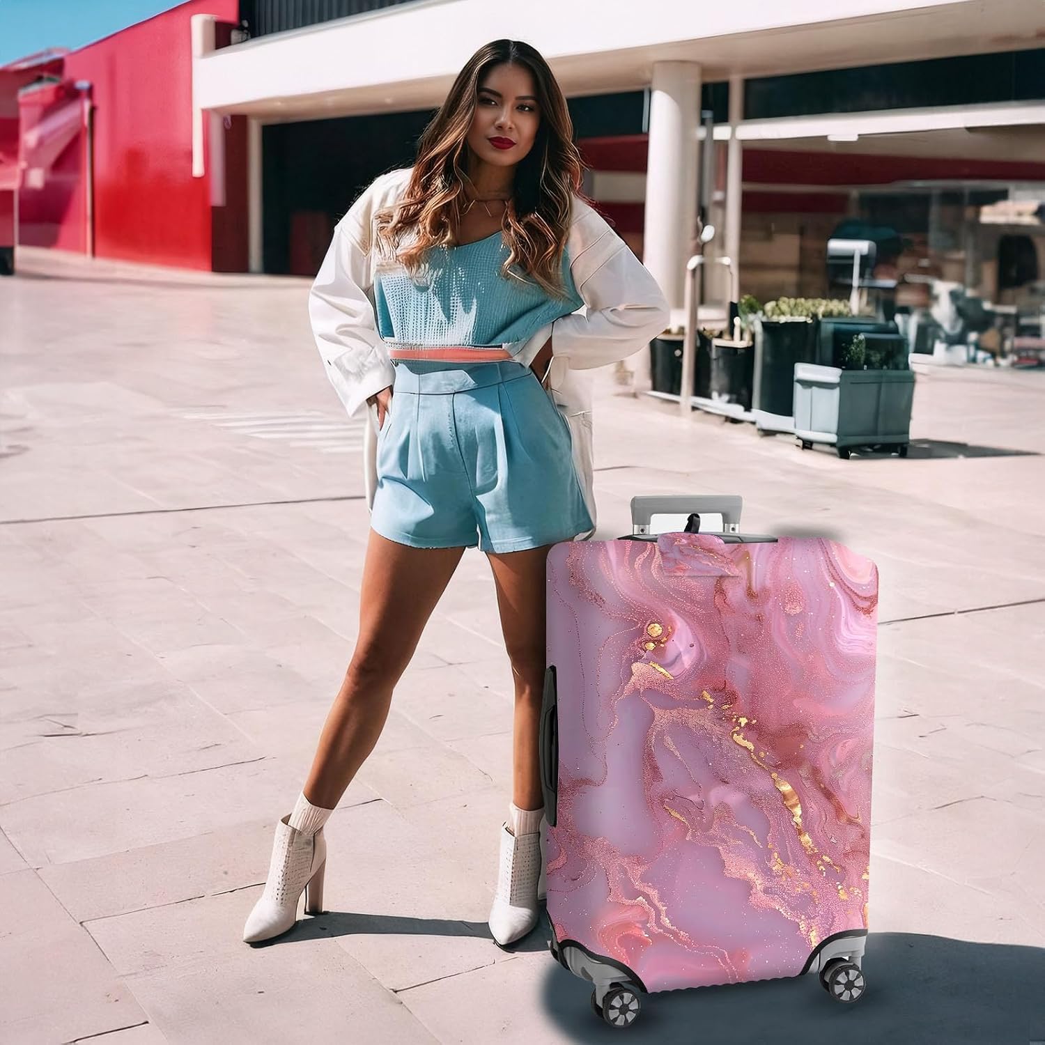 Travel Luggage Cover,Pink Gilt Marble Theme Suitcase Cover Accessory Kit, Luggage Tag, and Comfortable Luggage Handle Wrap, Washable Zipper Close Luggage Suitcase Protector (18-20 inch,S)