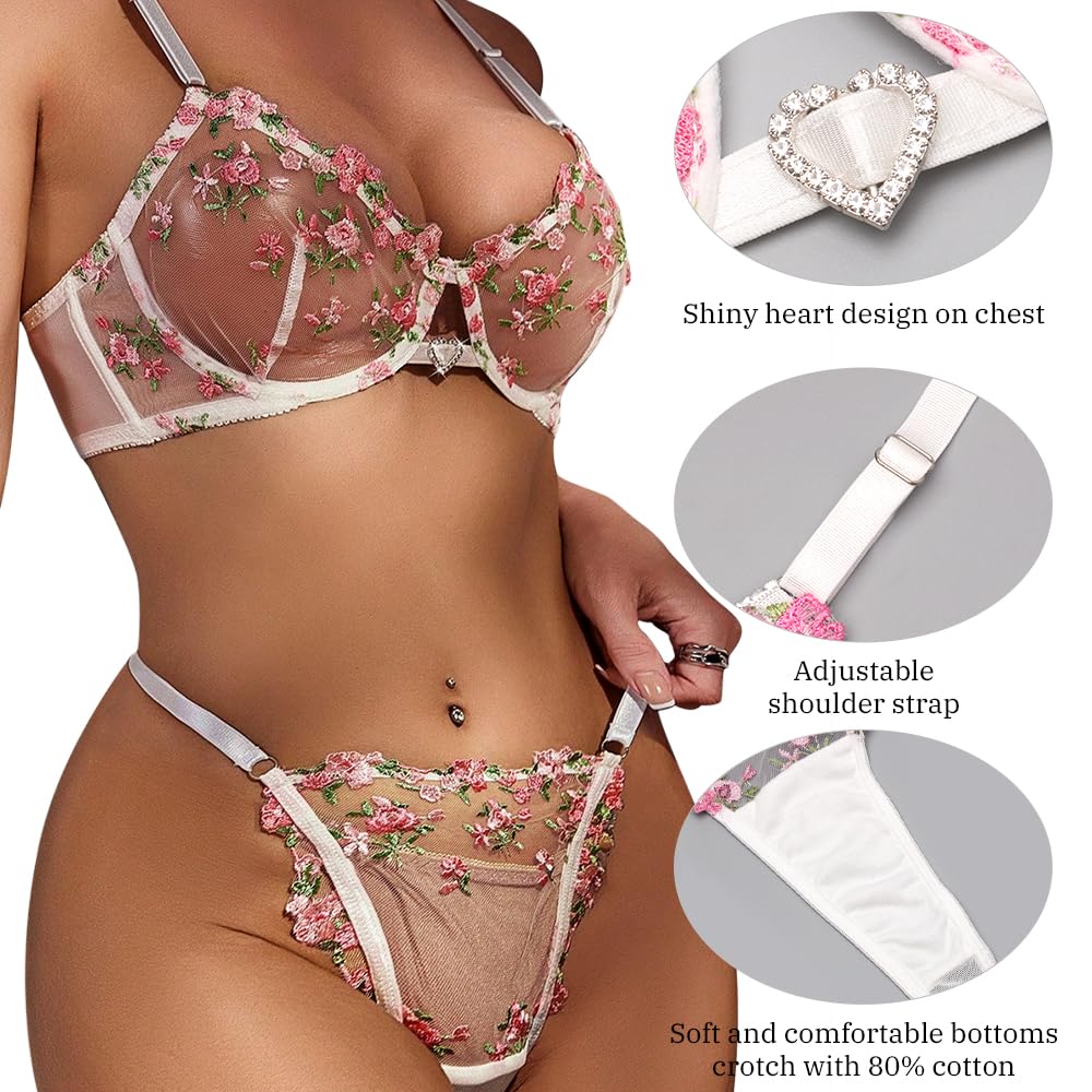 Conjuntos de lencería Sexy con Aros y Bordado Floral para Mujer, 2 Piezas con Sujetador de Malla Transparente y Panty de Cintura Alta, Ropa de Dormir Transparente con realce, Ropa Interior con Correa