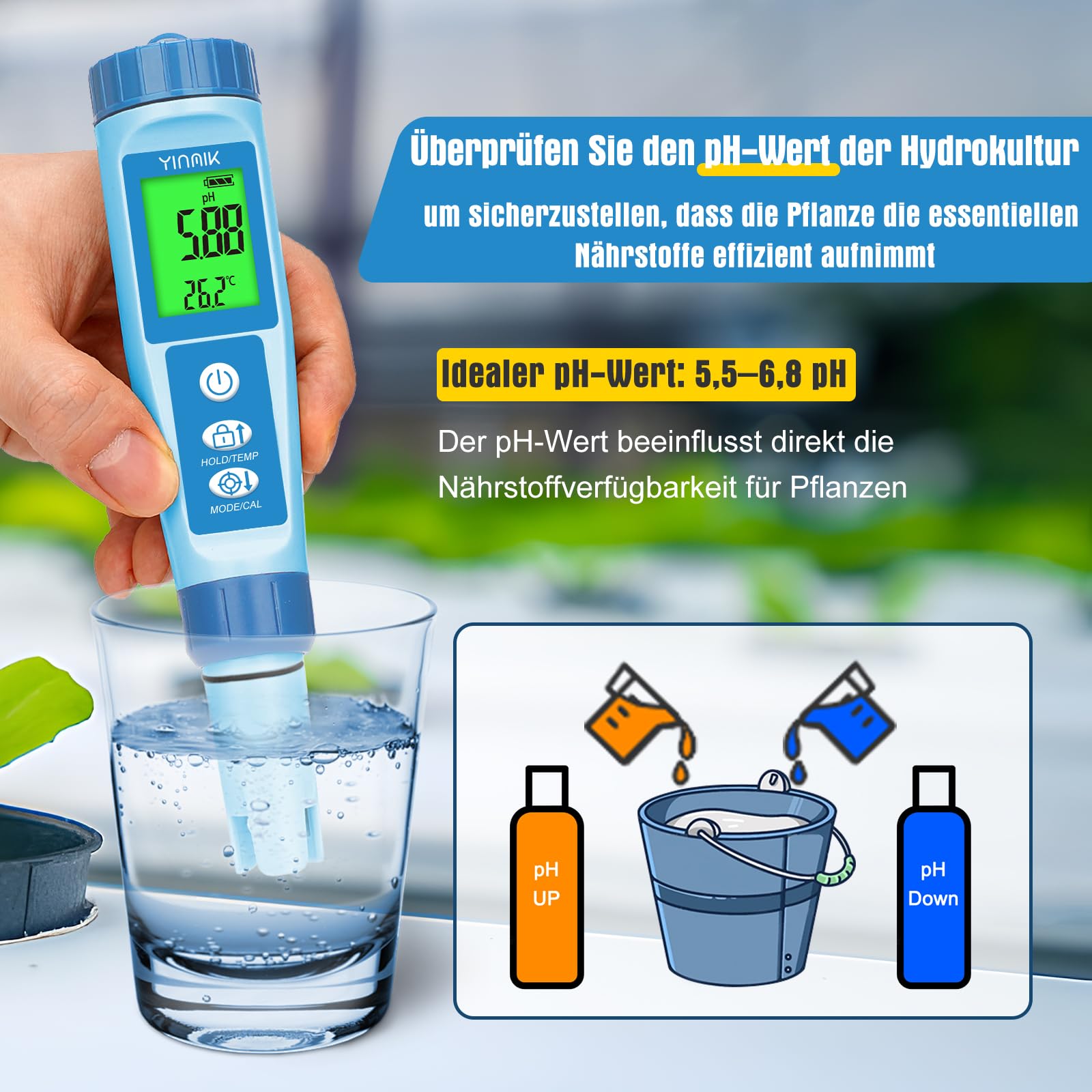 YINMIK pH Messgerät, Pool pH Messgerät, pH EC Messgerät Grow, TDS Tester für Trinkwasser, pH EC Messgerät für Hydrokultur, Digitales 4-in-1 pH Leitfähigkeits PPM Temp Messgerät für Pools Aquarium