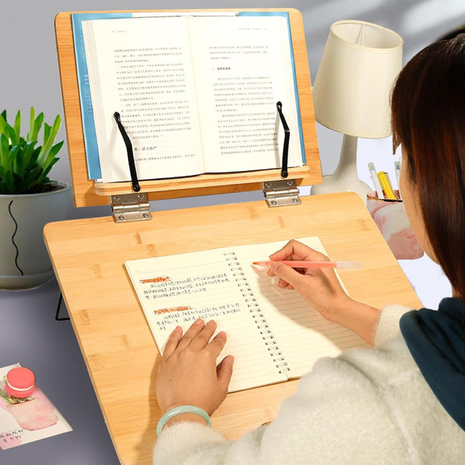 Stojak na książki, regulowany składany drewniany uchwyt do czytania, 6-kątowy stojak na laptopa i tablet do czytania, pisania i pracy