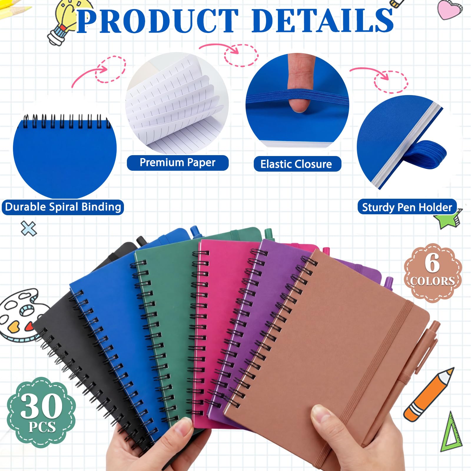 Fulmoon Lot de 30 petits carnets à spirale A6 avec stylos en vrac, multicolores, 10,2 x 15,2 cm, mini journaux lignés, 50 feuilles pour fournitures scolaires, récompenses, cadeaux de bureau (tons